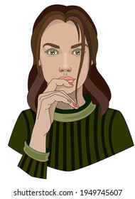 Una encantadora chica de ojos verdes con un suéter verde toca sus labios con su mano - ilustración vectorial a todo color. Retrato de una chica hermosa - cara y mano. Cabeza de una mujer con el pelo largo.