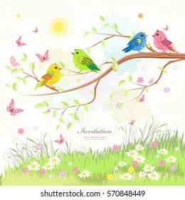 lovely greeting card with birds on branch tree and butterflies