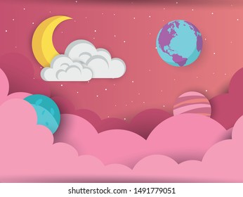 a lovely greeting card with a hand drawn moon, among, world, stars and fluffy pink clouds on violet background, and an example text message "sweet dreams"; imitation of paper art; vector illustration