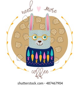 Lovely greeting card with rabbit in frame on coffee cups background. Vector illustration in cartoon
