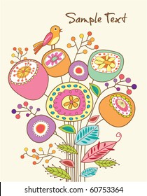 lovely greeting card with whimsical bird and flowers