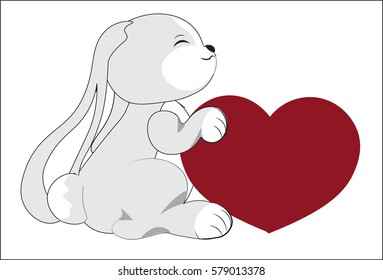 the lovely grey rabbit embraces the red heart