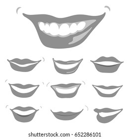 Lovely grey smiles set, isolated on white background. Vector illustration