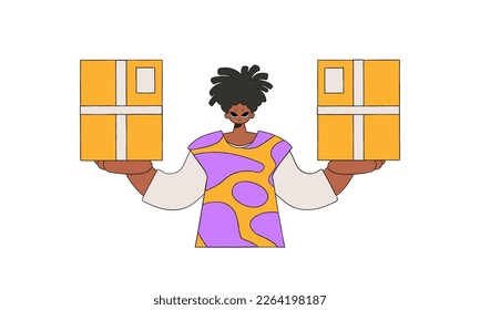 Hombre encantador sosteniendo cajas en sus manos. Transporte de paquetes y carga.