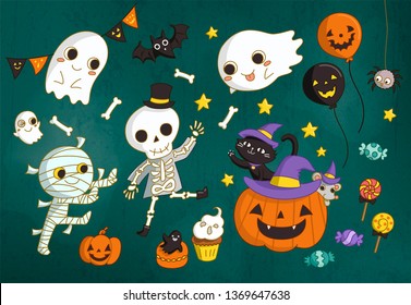 Lovely Halloween characters and pumpkin elements in hand drawn style