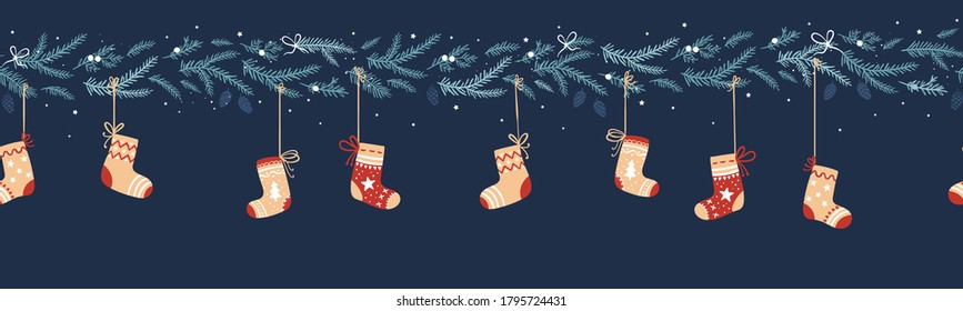 Bonito diseño de navidad con ramas y medias, genial para banners, papel de pared, textiles de tarjetas - diseño vectorial