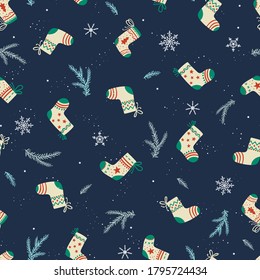 Lovely hand dawn christmas seamless pattern with branches and stocking, great for banners, wallpapers, cards textiles - vector design