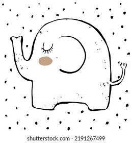 Lovely HAnd Dran Nursery Vector Art with Sweet Baby Elephant on a White Dotted Background. Cute Baby Shower Print ideal for Card, Wall Art. Gender Neutral Colors. Infantile Style Safari Print.
