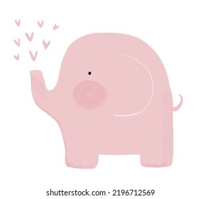 Lovely Hand Dran Nursery Vector Art with Sweet Pastel Pink Baby Elephant and Heart Fontain on a White Background. Cute Baby Shower Print ideal for Card, Wall Art. Baby Girl Welcome Party Decoration.