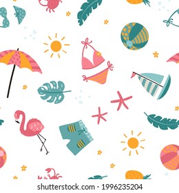 Lovely hand drawn beach seamless pattern with bikinis and decoration, great for textiles, fashion, banners, wallpapers, wrapping - vector design