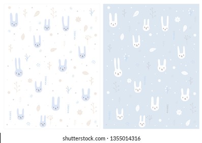 Lovely Hand Drawn Bunnies Vector Pattern. Sweet White and Blue Rabbits Sitting Among Flowers. Cute Abstract Garden on a White and Light Blue Background. Delicate Bright Nursery Art.