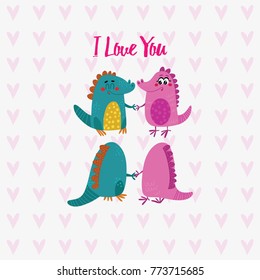 Lovely  hand drawn card with fell in love dinosaurs.  Background, cover for children in cartoon style