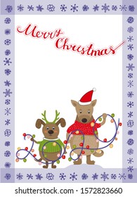 Lovely hand drawn card with two cute dogs, holding colorful garland in form of 2020 year. Lettering Merry Christmas, frame. Funny pets on vertical illustration. Red, green colors. Isolated on white. 
