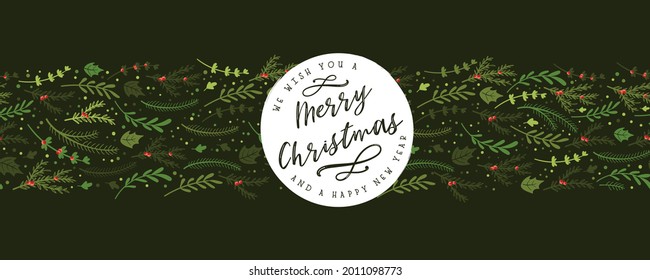 Lovely hand drawn Christmas branches seamless pattern, cute doodle background with fir, holly berries and decoration - great for wrapping, textiles, banners, wallpapers - vector design