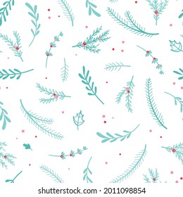 Lovely hand drawn Christmas branches seamless pattern, cute doodle background with fir, holly berries and decoration - great for wrapping, textiles, banners, wallpapers - vector design