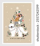 Lovely hand drawn christmas card with cute stacked dogs, great for christmas cards - vector design