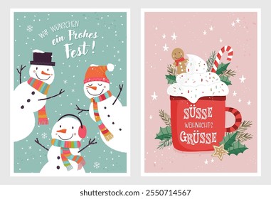 Encantadora tarjeta de Navidad dibujada a mano, diseño vintage con letras a mano en alemán que dicen "Le deseamos una feliz Navidad" y "Saludos de Navidades dulces" y adornos lindos - diseño de Vector