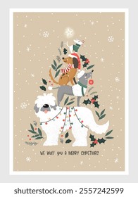 Lovely hand drawn christmas card with cute stacked dogs, great for christmas cards - vector design