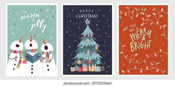 Lovely hand drawn christmas cards, cute design with hand lettering and lovely illustrations - vector design