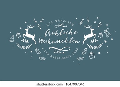 Lovely hand drawn christmas design with text in german "we wish you a merry christmas and a happy new year", deer and decoration, great for banners, wallpapers, cards.