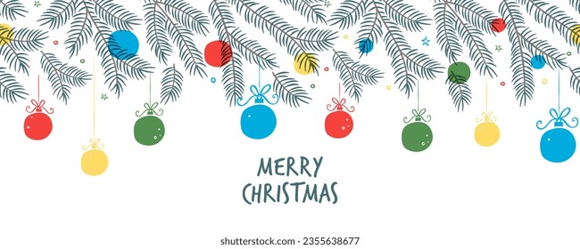 Lovely hand drawn Christmas horizontal seamless pattern, cute greenery, colorful baubles and snowflakes, great for textiles, wrapping, banners, wallpapers - vector design