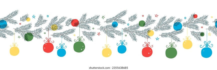 Lovely hand drawn Christmas horizontal seamless pattern, cute greenery, colorful baubles and snowflakes, great for textiles, wrapping, banners, wallpapers - vector design