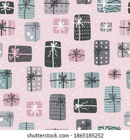 Lovely hand drawn christmas seamless pattern, creative doodle background with vintage colors, great  for wrapping, textiles, banners, wallpapers - vector design