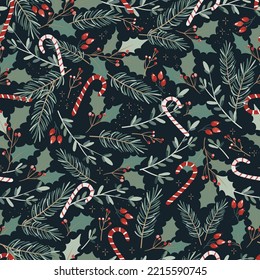 Lovely hand drawn Christmas seamless pattern, cute greenery, flowers and berries, great for textiles, wrapping, banners, wallpapers - vector design