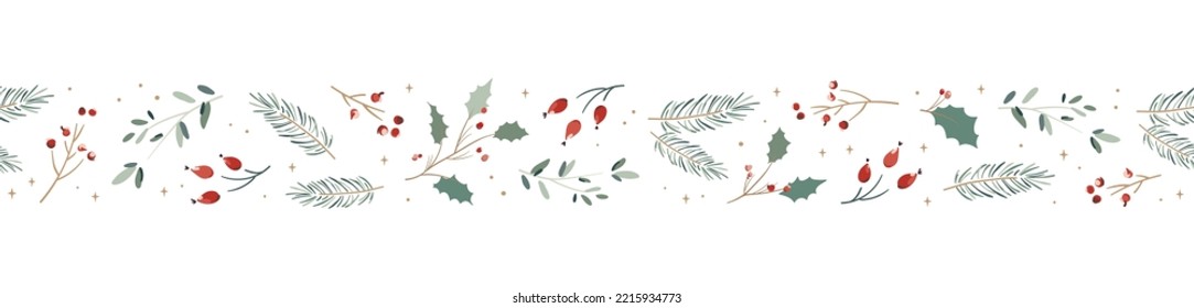 Lovely hand drawn Christmas seamless pattern, cute greenery, flowers and berries, great for textiles, wrapping, banners, wallpapers - vector design