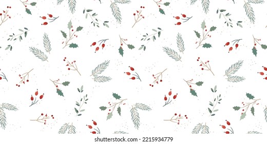 Lovely hand drawn Christmas seamless pattern, cute greenery, flowers and berries, great for textiles, wrapping, banners, wallpapers - vector design