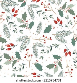 Lovely hand drawn Christmas seamless pattern, cute greenery, flowers and berries, great for textiles, wrapping, banners, wallpapers - vector design