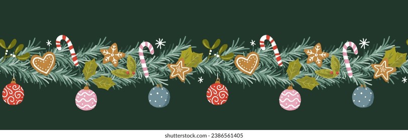 Lovely hand drawn Christmas seamless pattern, cute greenery, flowers and snowflakes, great for textiles, wrapping, banners, wallpapers - vector design