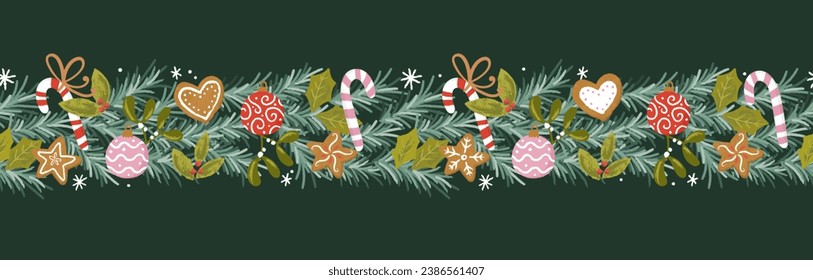 Lovely hand drawn Christmas seamless pattern, cute greenery, flowers and snowflakes, great for textiles, wrapping, banners, wallpapers - vector design