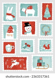 Lovely hand drawn Christmas  stamps, Cartoon style,  decorative elements. Holiday vector stickers illustrations set