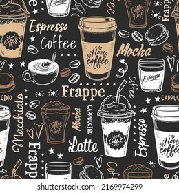 Lovely hand drawn coffee seamless pattern, cute doodle background, great for banners, wallpapers, wrapping, fabrics - vector design