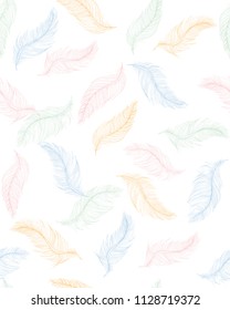 Lovely Hand Drawn Delicate Flying Feathers Vector Pattern. Colorful Fluff on a White Background. Delicate Pastel Color Sketched Feathers. Pink, Blue, Green and Yellow Feathers on a White Background.