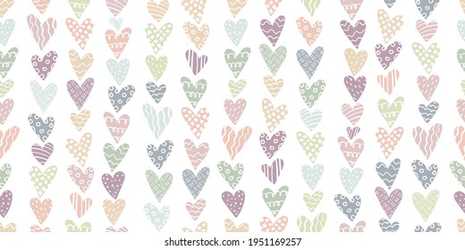 Lovely hand drawn doodle hearts seamless pattern, pastel colored hand drawn background, great for Valentine's or Mother's Day, textiles, banners, wrapping, wallpapers - vector design