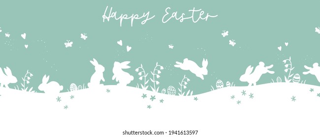 Lovely hand drawn easter bunnies seamless pattern, cute rabbits, springs flowers and easter eggs - great for textiles, banners, wallpapers, wrapping, cards - vector design