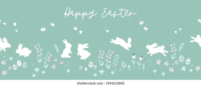 Lovely hand drawn easter bunnies seamless pattern, cute rabbits, springs flowers and easter eggs - great for textiles, banners, wallpapers, wrapping, cards - vector design