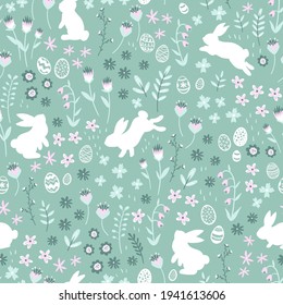 Lovely hand drawn easter bunnies seamless pattern, cute rabbits, springs flowers and easter eggs - great for textiles, banners, wallpapers, wrapping, cards - vector design