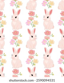 Lovely hand drawn Easter bunnies with flower seamless pattern beautiful background. Suitable for Easter cards, banner, textiles, wallpapers. Vector illustration.