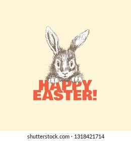 Lovely hand drawn easter bunny with text for greeting card, invitation, poster, banner template. Vector illustration.