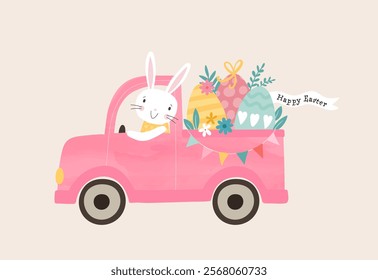 Lovely hand drawn Easter bunny in a truck with easter eggs ready for delivering Easter Greetings - vector design