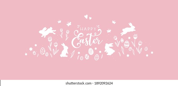 Lovely hand drawn Easter design with bunnies, flowers and Easter Eggs, cute doodles background, great for cards, invitations, banners, wallpapers - vector design