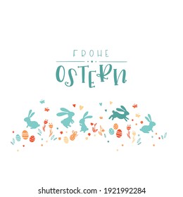 Lovely hand drawn easter design with text in german "Happy Easter" cute hand drawn bunnies, eggs and decoration - vector design