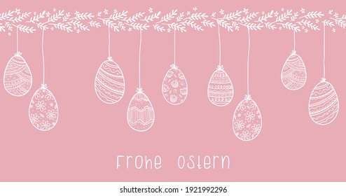 Lovely hand drawn easter design with text in german "Happy Easter" cute hand drawn bunnies, eggs and decoration - vector design