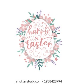 Lovely hand drawn Easter design, "Happy Easter" lettering and decoration, flowers, cute design, great for banners, wallpapers, cards, invitations - vector design