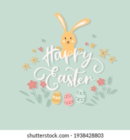 Lovely hand drawn Easter design, "Happy Easter" lettering and decoration, flowers, cute design, great for banners, wallpapers, cards, invitations - vector design