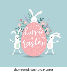 Lovely hand drawn Easter design, "Happy Easter" lettering and decoration, flowers, cute design, great for banners, wallpapers, cards, invitations - vector design