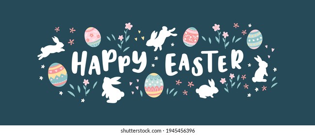 Bonito diseño de Pascua a mano, lindos conejillos y huevos coloridos, hermosas flores, divertida plantilla para tarjetas de felicitación, invitaciones, pancartas, papeles pintados - diseño vectorial